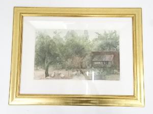 絵画　鶏の図　水彩画　肉筆額装